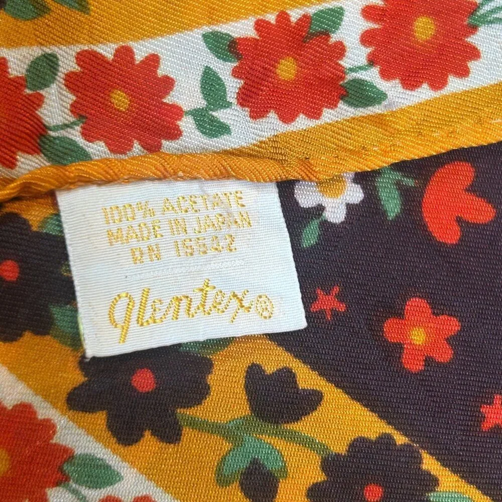 Glentex Vintage 70s Orange Brown Cottage Floral Acetate Rectangular Scarf